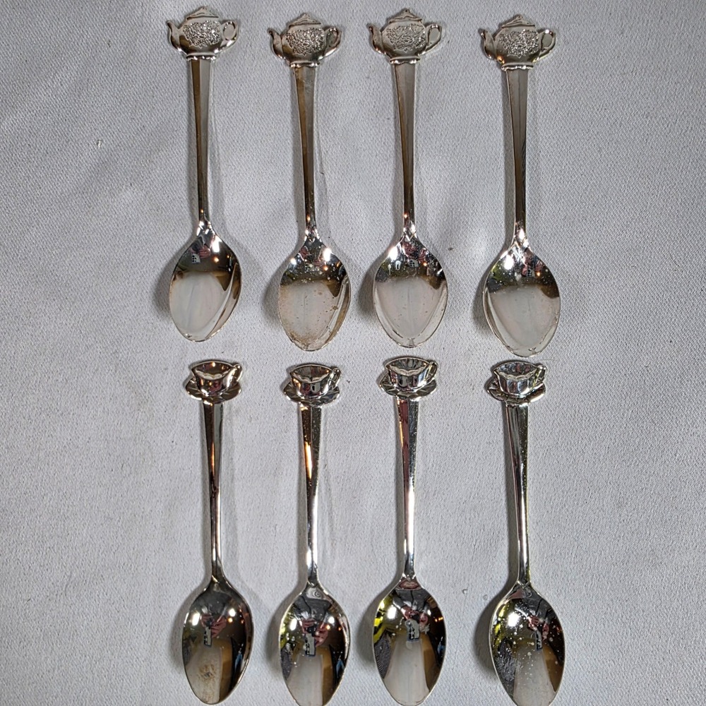 Vintage HIC Japan Stainless Teapot Teacup Demitasse Spoons Set of 8
